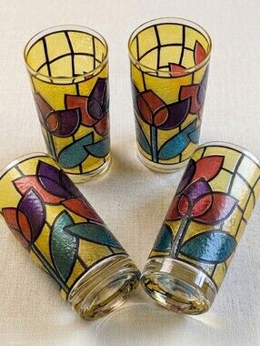 Vintage 1960s West Virginia Glass Stained Glass Tulip Cathedral Highballs